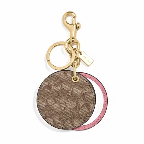 NWT Coach Mirror Bag Charm Key Holder In Signature Coated Logo Canvas Brown Pink - Picture 1 of 5